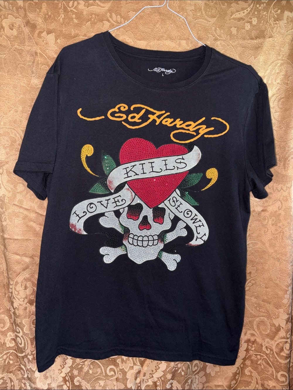 Ed Hardy Black Tee with Red Heart & Skull Graphic